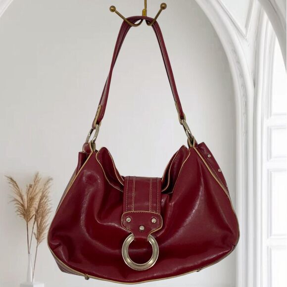 Early 2000's Y2K Burgundy Slouchy Red Studded Silver Clasp Shoulder Bag - Picture 1 of 8